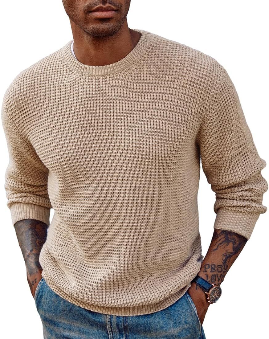 PJ PAUL JONES Mens Crewneck Pullover Sweater Waffle Textured Long Sleeve Knitted Sweaters | Amazon (US)
