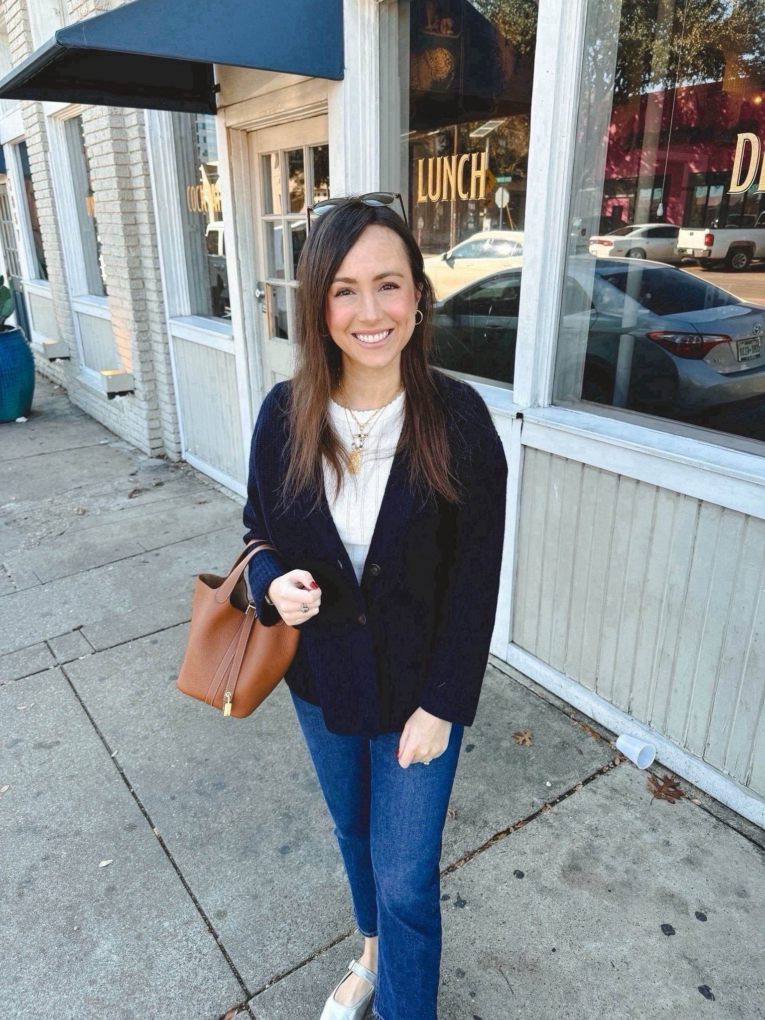 Vince navy cashmere cardigan (xs), leset tee (small), agolde jeans (25), silver metallic ballet flats (tts), sequin necklaces 



#LTKSeasonal #LTKFindsUnder100 #LTKStyleTip