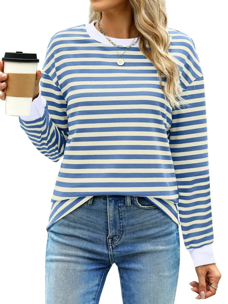 Fantaslook Striped Long Sleeve Shirts for Women Crewneck Tunic Tops Color Block Blouses Fall Pull... | Walmart (US)