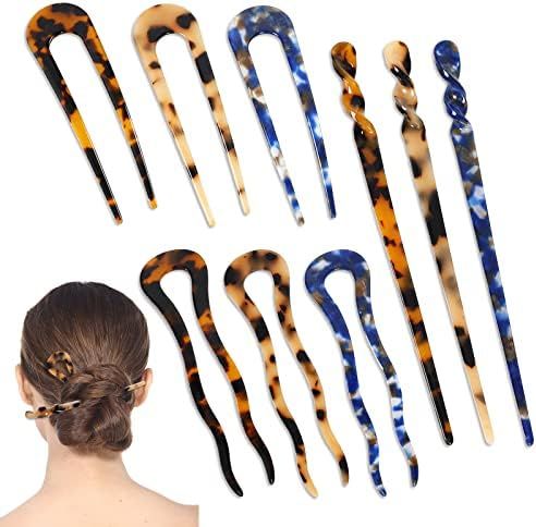 Whaline 9Pcs French Hair Forks U-Shaped Straight Chopsticks Wavy Crink Chignon Pins Celluloid Acetat | Amazon (US)