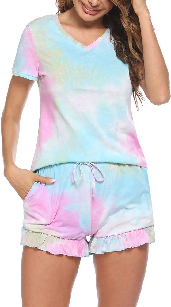 Ekouaer Womens Pajamas Short Sets V-Neck Short Sleeve Shorts Sleepwear Pj Sets | Amazon (US)