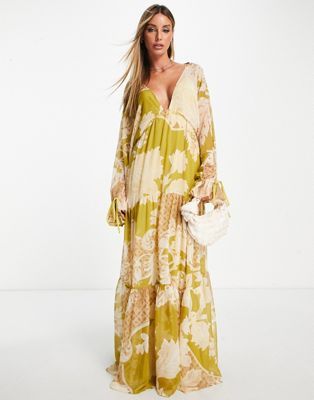 ASOS DESIGN maxi dress with tie waist in oversized green floral print | ASOS (Global)