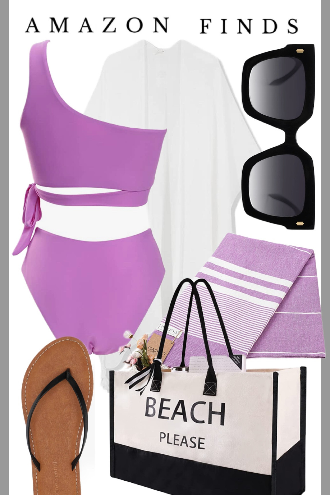 Beachwear for women from Amazon. Purple bikini, beach towel, sunglasses, wrap bikini coverup skirt, sandals, beach tote bag

#LTKstyletip #LTKswim #LTKFind