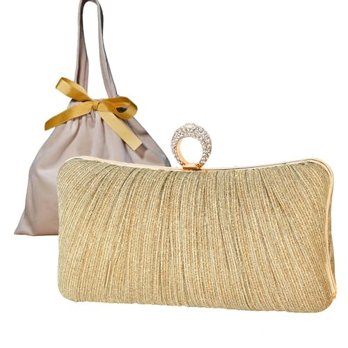 Womens Gold Gift Bag Glitter Clutch Purse Pleated Evening Bag for Bridal Wedding Party with Rhinestone Ring | Amazon (US)