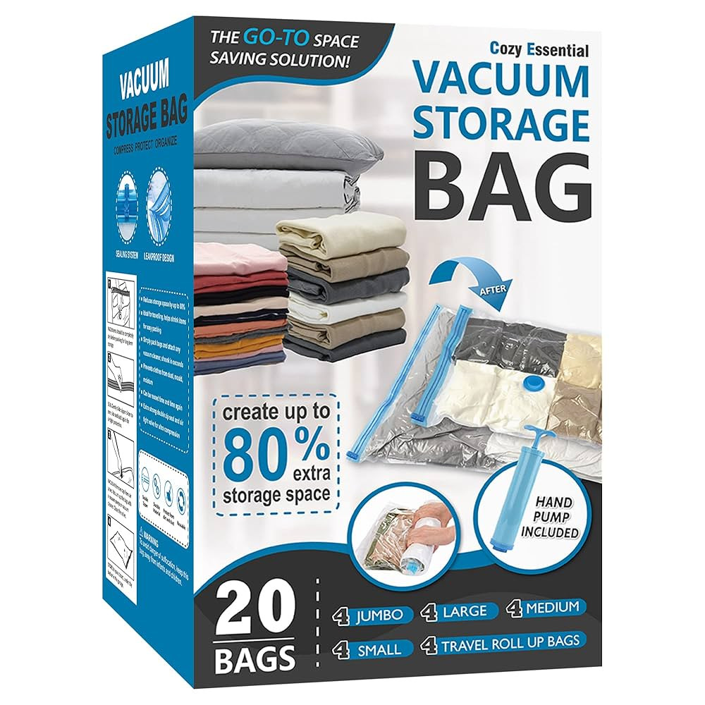 20 Pack Vacuum Storage Bags, Space Saver Bags (4 Jumbo/4 Large/4 Medium/4 Small/4 Roll) Compressi... | Amazon (US)