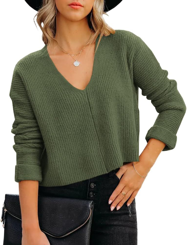 Veatzaer Womens Solid V Neck Cropped Knit Sweater Long Sleeve Casual Sweater Pullover | Amazon (US)