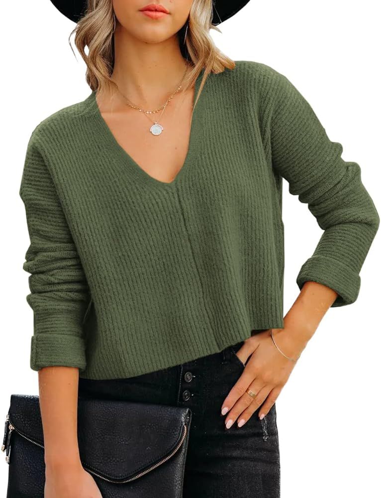 Veatzaer Womens Solid V Neck Cropped Knit Sweater Long Sleeve Casual Sweater Pullover | Amazon (US)