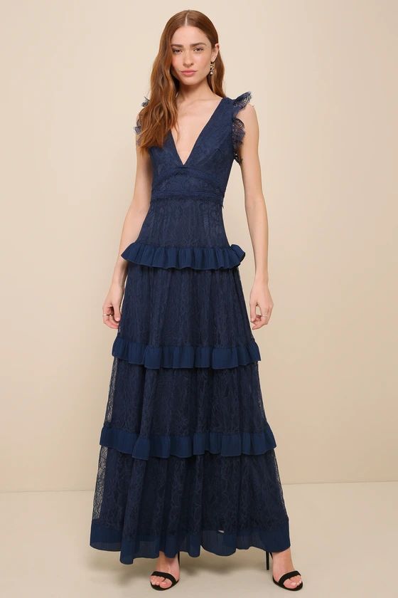 Navy Blue Lace Ruffled Tiered Maxi Dress | Wedding Guest Dress Formal  | Lulus
