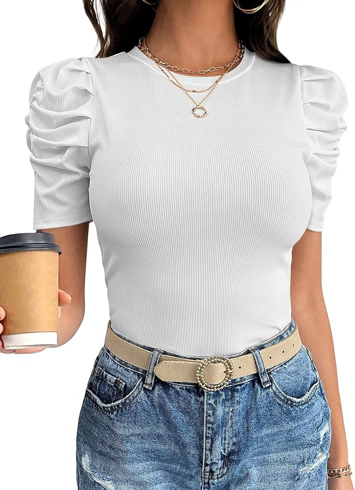 ANRABESS Women Puff Short Sleeve Crewneck Dressy Casual Tops Summer Fitted Ribbed Knit Trendy Wor... | Amazon (US)