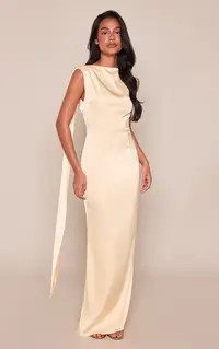 Lemon Satin Backless Drape Sleeveless Maxi Dress | PrettyLittleThing USA | PrettyLittleThing US
