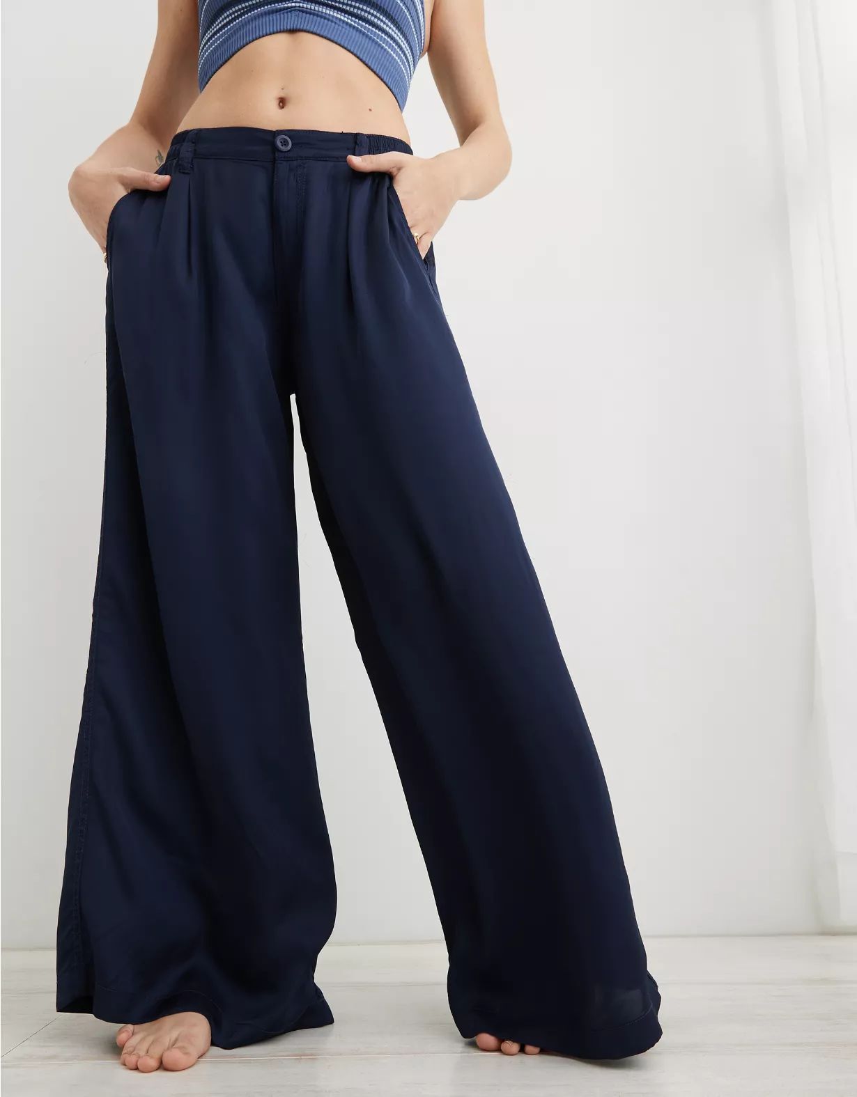 Aerie High Waisted Shine Wide Leg Pant | Aerie