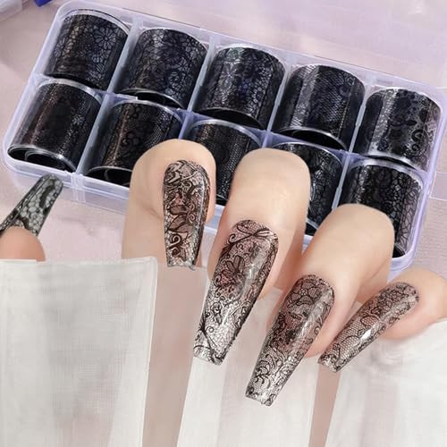 DANNEASY 10 Rolls Black Lace Nail Art Foil Transfer Sheets, Lace Nail Foil Decals Starry Sky Nail Foils Holographic Transfer Foils Stickers for Women Girls Manicure Tips Supplies | Amazon (US)