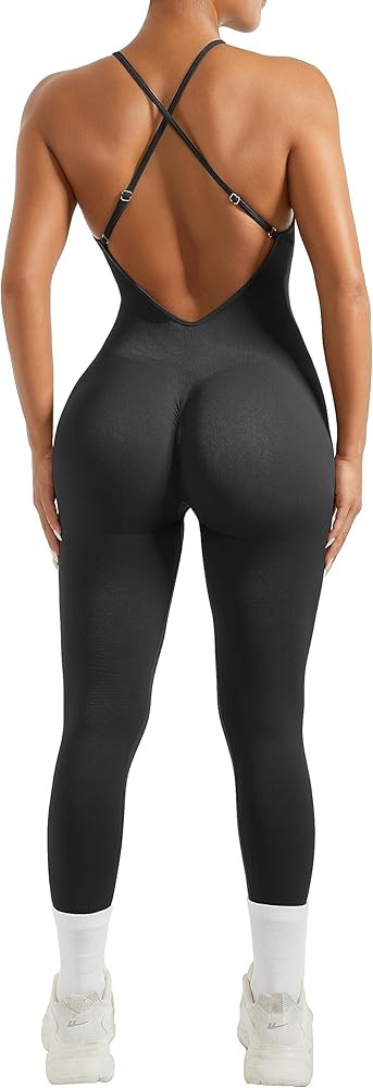 MOOSLOVER Women Strappy Backless One Piece Jumpsuits Tummy Control Padded Workout Rompers | Amazon (US)