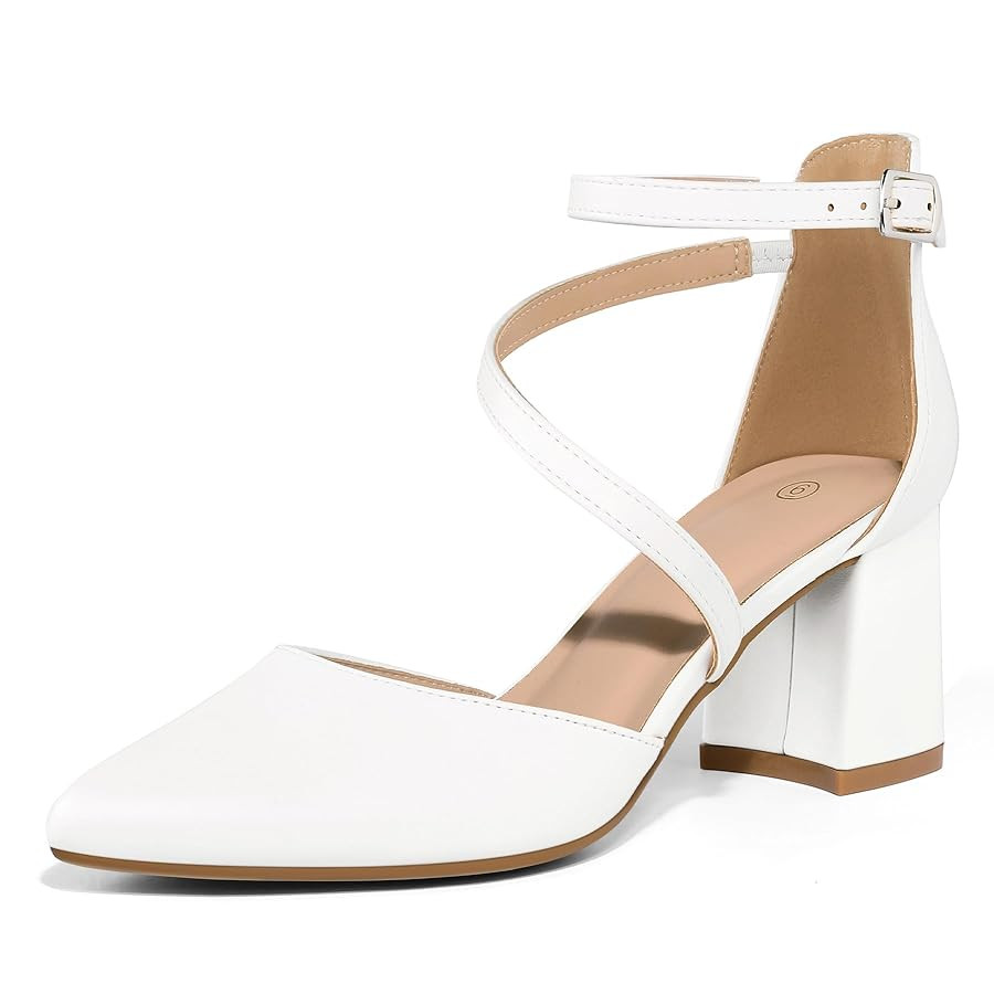 mysoft Women's Pumps Low Chunky Block Heels Pointed Toe Ankle Strap Across Instep Strap Party Wed... | Amazon (US)