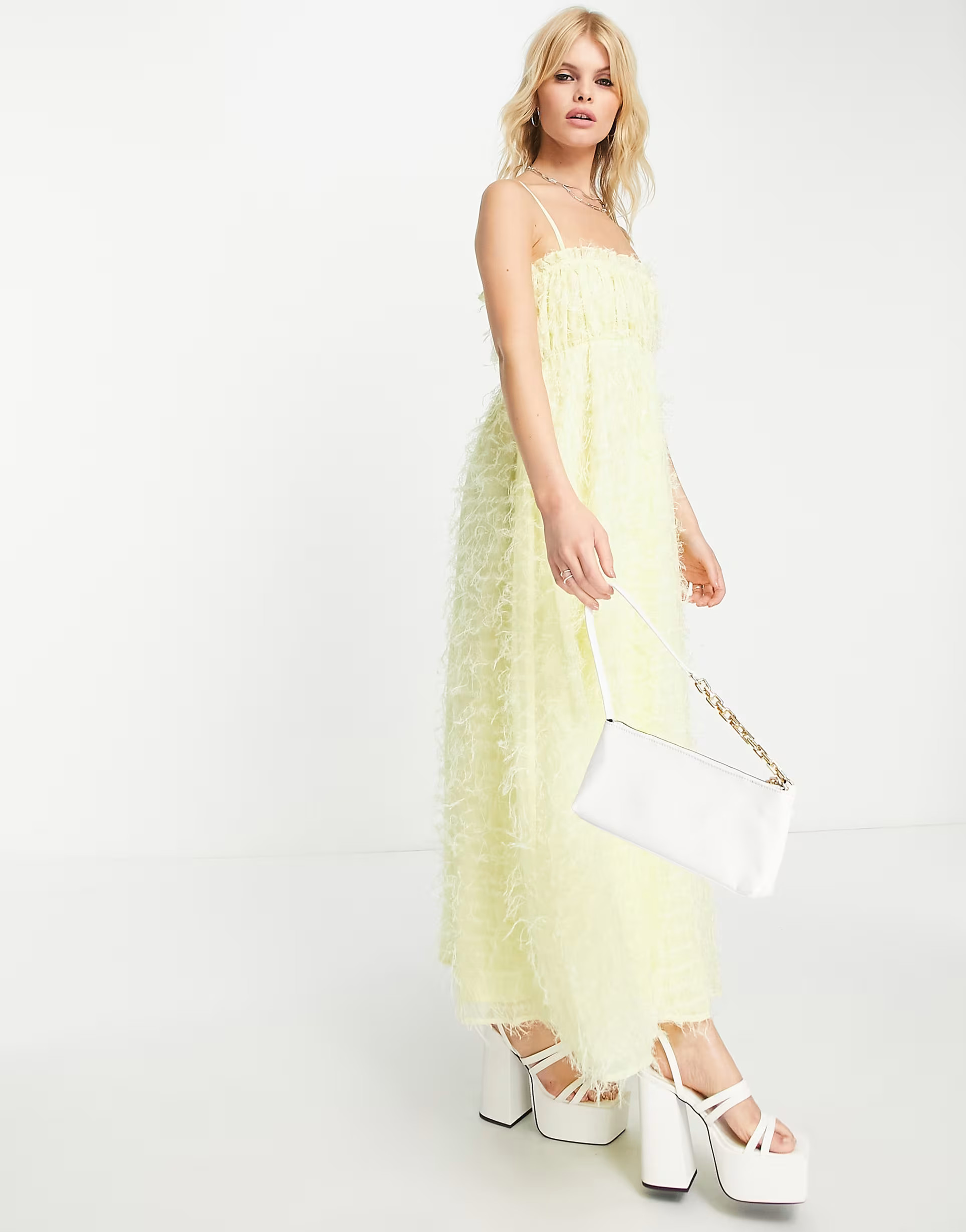 ASOS DESIGN shirred bust cami midi dress in fluffy in yellow | ASOS (Global)