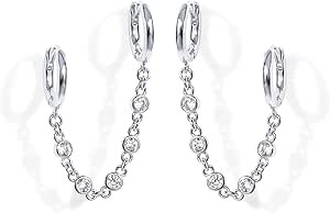 PAVOI 14K Gold Chain Earrings for Women | Double Piercing Dangle Chain Huggie Hoop Earrings | Cub... | Amazon (US)