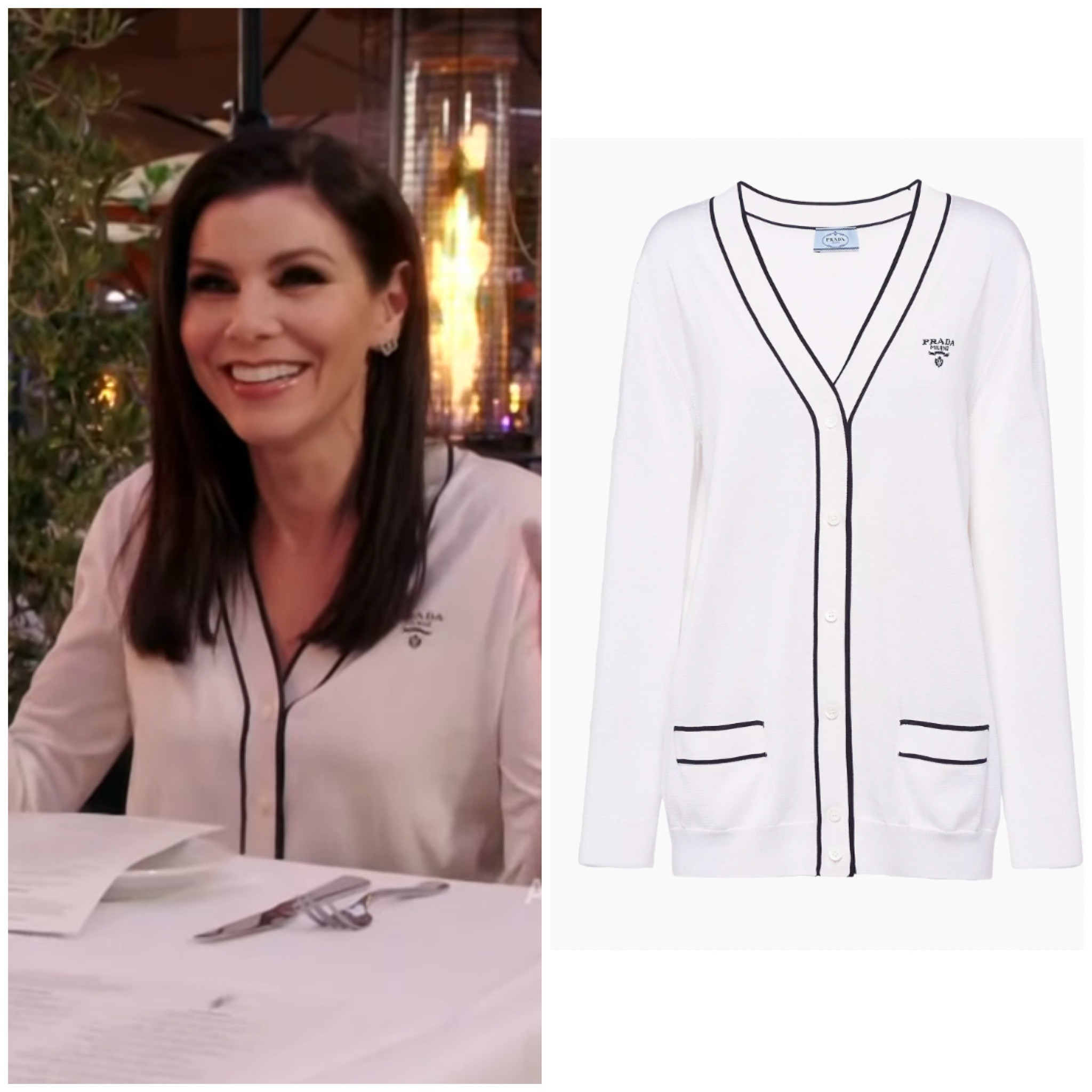 Heather Dubrow’s White Contrast Trim Prada Cardigan Sweater
