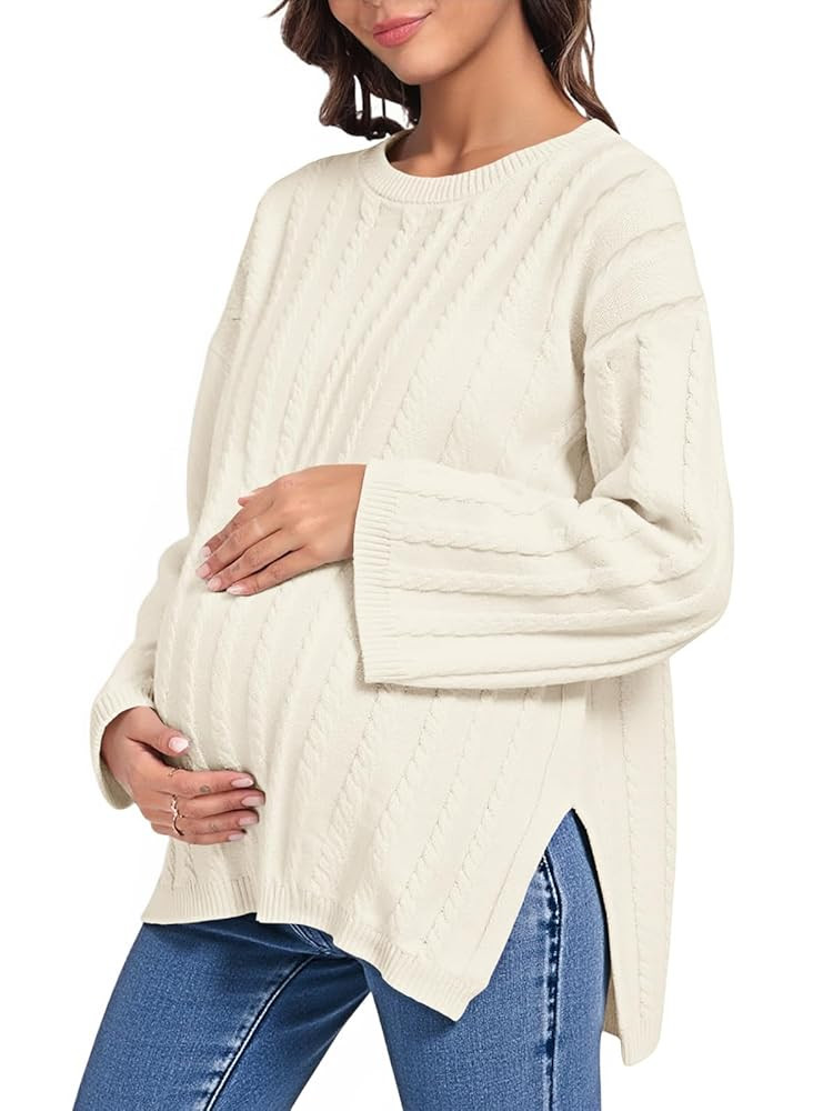 Saodimallsu Womens Maternity Sweater Tops Casual Cable Knit Crewneck Long Sleeve Split Fall Pullo... | Amazon (US)