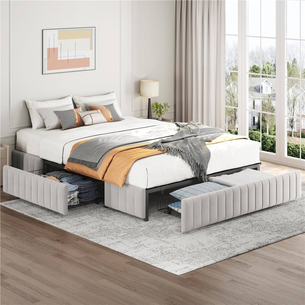 Yaheetech Queen Bed Frame Upholstered Platform Bed with 3 Storage Drawers, Large Storage Space/St... | Amazon (US)