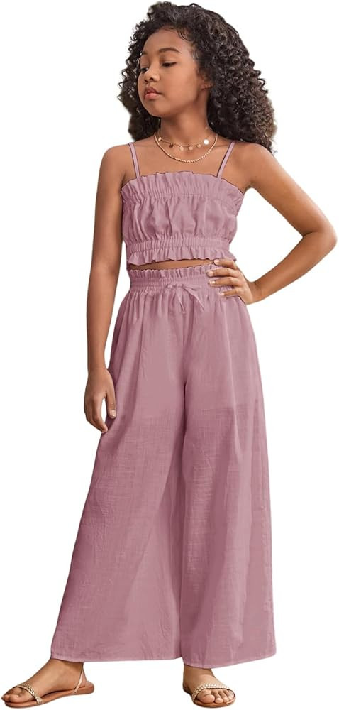 Floerns Girl's 2 Piece Set Ruffle Trim Cami Tops with Paperbag Waist Wide Leg Pants | Amazon (US)