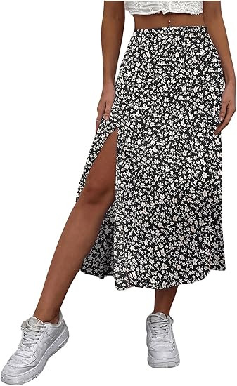 Floerns Women's Boho Floral High Waist Split A Line Midi Skirt | Amazon (US)