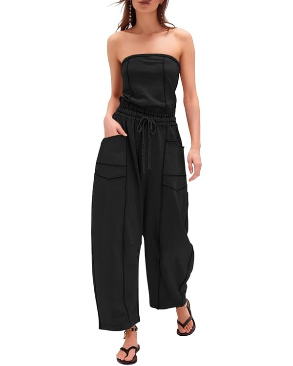 Sexyasasii Womens Casual Strapless Jumpsuits Off Shoulder Long Wide Leg Pants Drawstring One Piec... | Amazon (US)