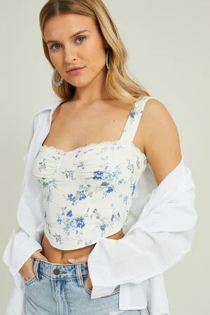 Adira Floral Lace Corset Top in Ivory & Blue | Altar'd State | Altar'd State