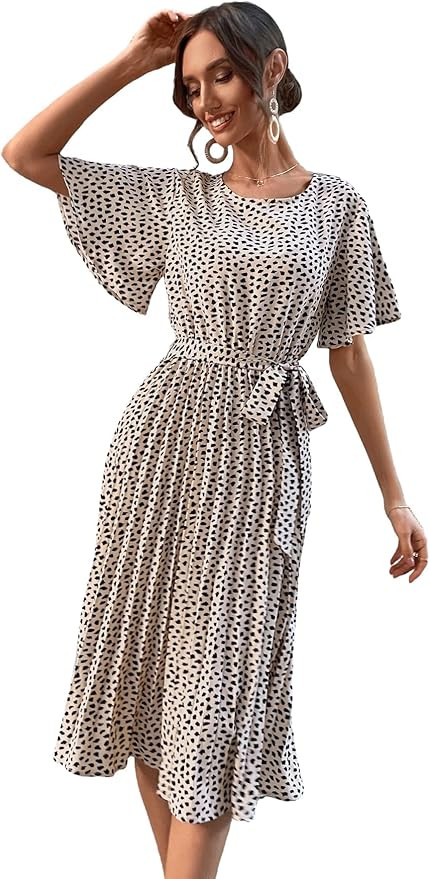 MakeMeChic Women's Allover Print Flutter Short Sleeve Flowy Pleated Midi Dress with Belt | Amazon (US)