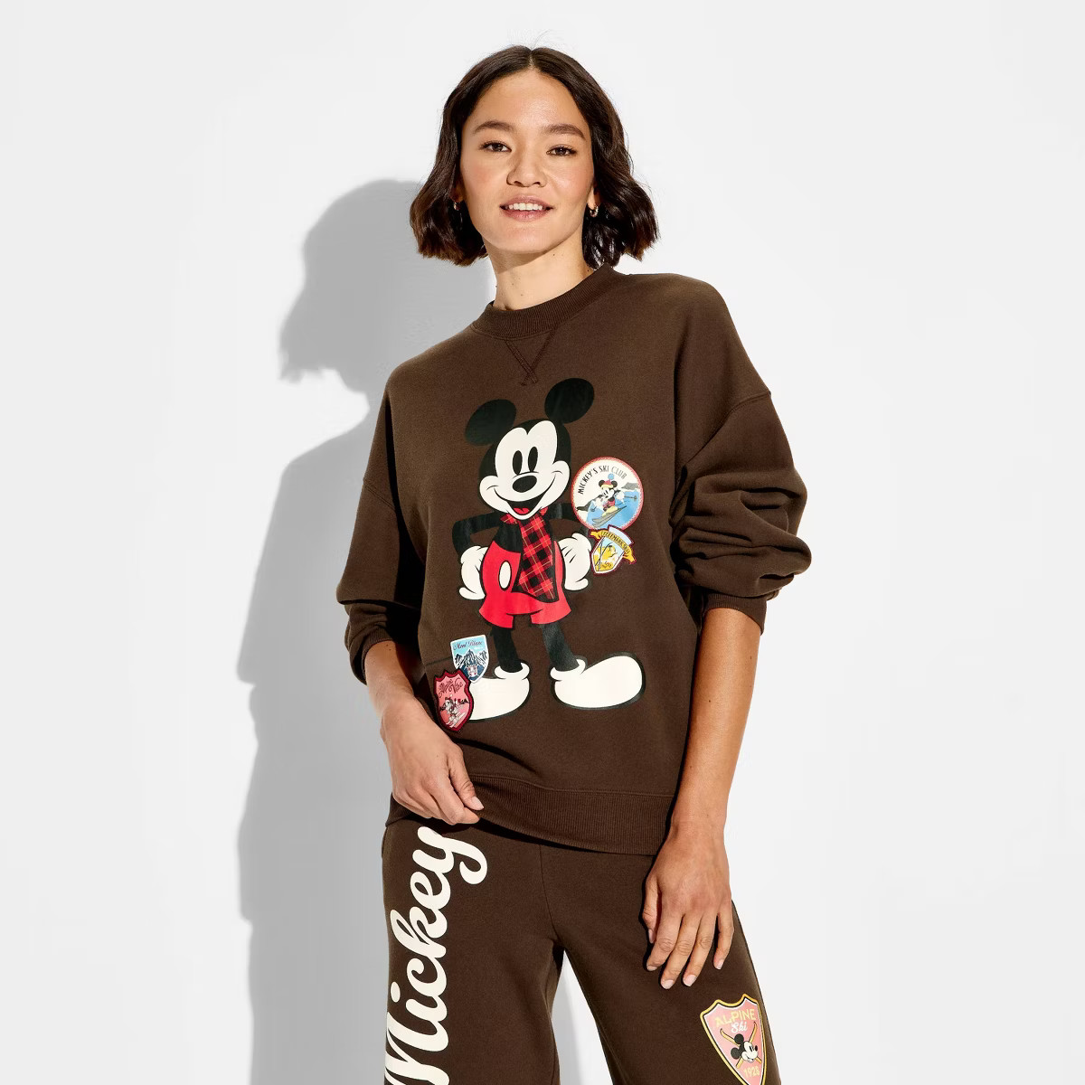 Women's Mickey Mouse OS Fleece Graphic Pullover Sweatshirt - Brown | Target
