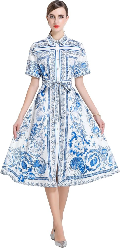 LAI MENG FIVE CATS Women's Summer Short Sleeve Collar Button Floral Print Belt Casual Midi Dress | Amazon (US)