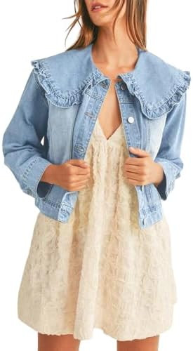 Takaneo Womens Denim Jacket Peter Pan Collar Cute Cropped Long Sleeve Shirts Jean Coat with Pocke... | Amazon (US)