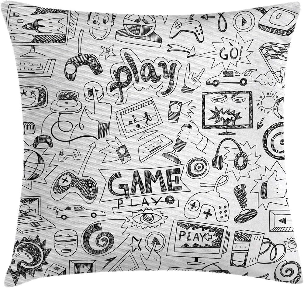 Ambesonne Video Games Throw Pillow Cushion Cover, Monochrome Sketch Style Gaming Design Racing Mo... | Amazon (US)
