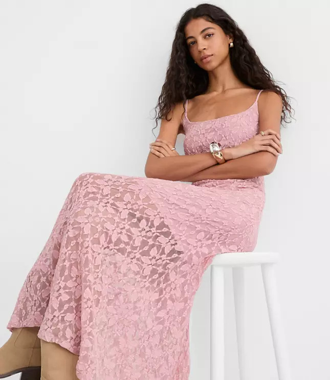 Lace Strappy Scoop Neck Midi Dress | LOFT