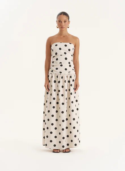 Polka Dot Printed Linen Blend Bandeau Maxi Dress- Brona | 4th & Reckless