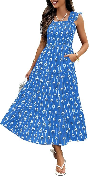 ECOWISH Women's 2025 Summer Maxi Dress Casual Sleeveless Square Neck Smocked Ruffle Bow Tiered Fl... | Amazon (US)