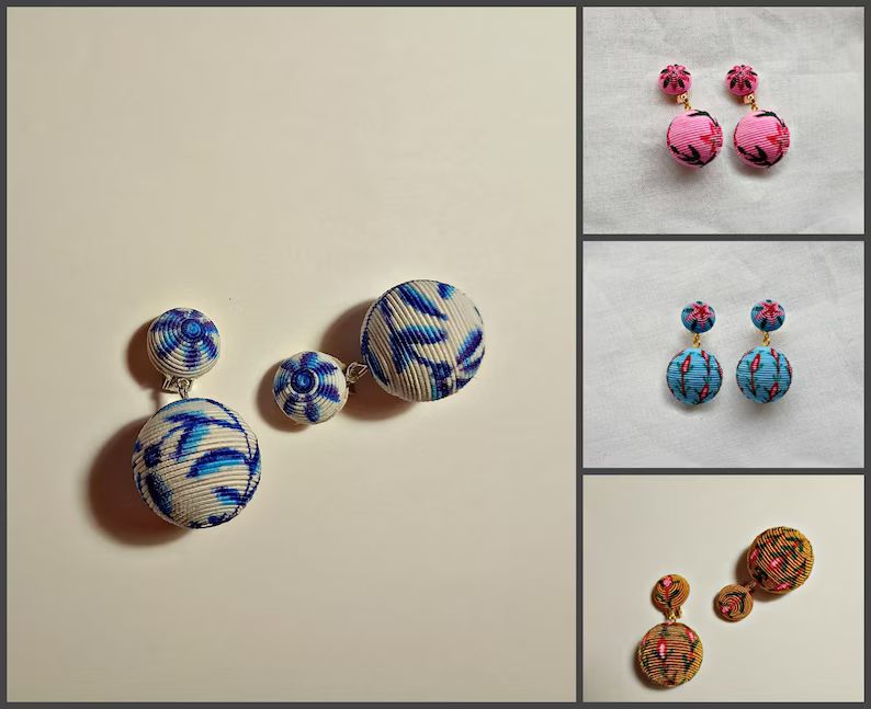 Chinoiserie earrings/ White and blue color  floral earrings two balls/ Bon Bon Earrings. Ball dro... | Etsy (US)