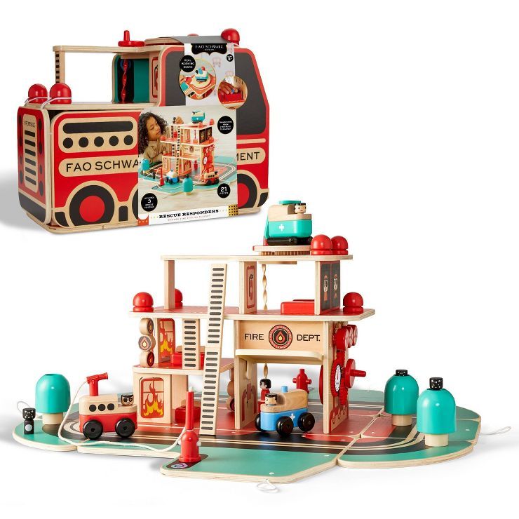 FAO Schwarz Rescue Responders Wooden Fire Station Playset - 21pcs | Target