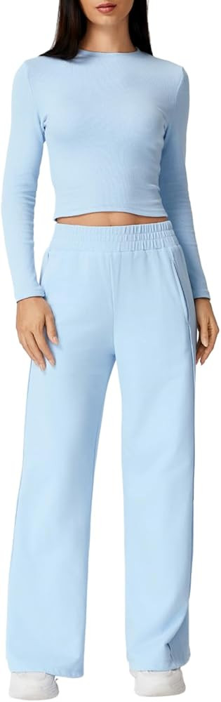 QINSEN Womens 2 Piece Sets Long Sleeve Slim Fit Crop Tops Wide Leg Pants Matching Lounge Set | Amazon (US)