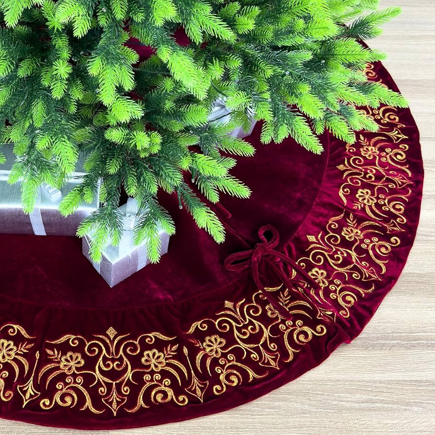 60-Inch Victorian Velvet Christmas Tree Skirt with Gold Damask Embroidery and Plush Lace-Ties, Bu... | Amazon (US)