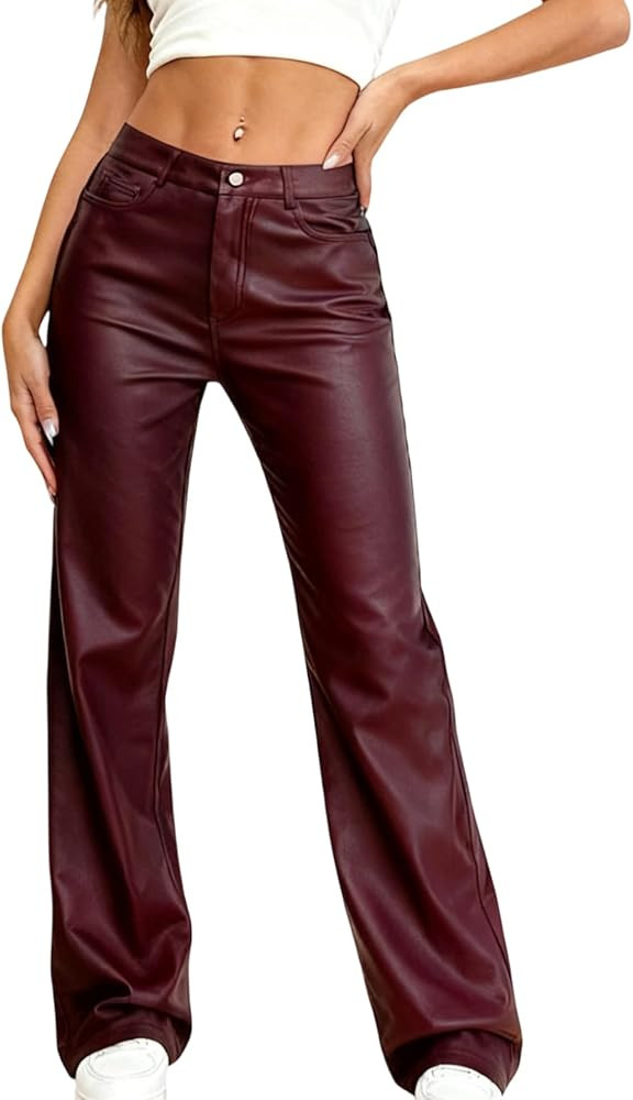 OYOANGLE Women's Leather Pants Y2K PU High Waist Wide Leg Pants Pocket Straight Trousers | Amazon (US)