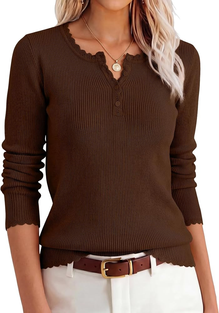 Caracilia Womens Long Sleeve Scallop Trim Henley Sweater | Amazon (US)