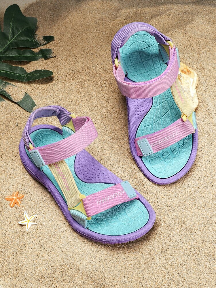 Girls Color Block Hook-and-loop Fastener Sports Sandals, Sporty Outdoor Fabric Sport Sandals | SHEIN