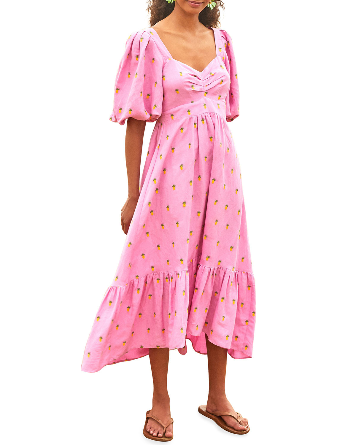 Embroidered Pineapples Midi Sweetheart Dress | Neiman Marcus