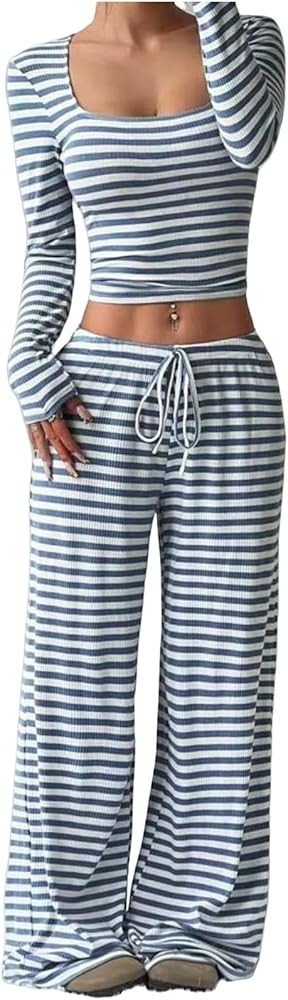 Womens Striped 2 Piece Outfits Casual Square Neck Cropped Top Drawstring Wide Leg Pants Matching ... | Amazon (US)