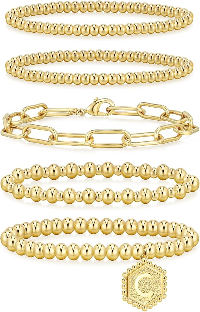 adoyi Gold Bracelets for Women Waterproof, 14K Gold Plated Beaded Strand Bead Ball Bracelets stac... | Amazon (US)