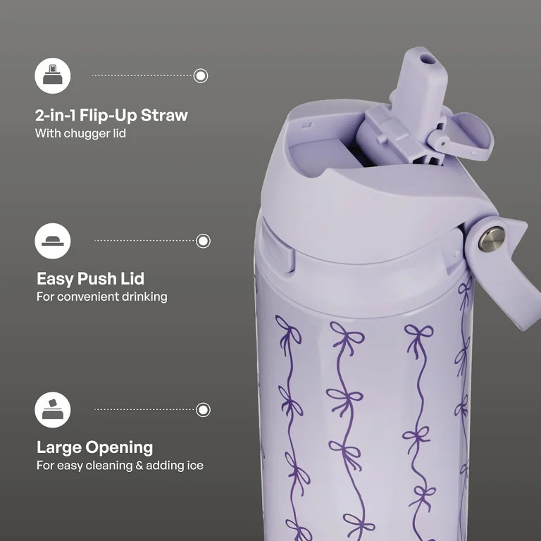 TAL 24oz Stainless Steel 2-in-1 Straw and Chug Water Bottle with Push Lid, Purple Bows | Walmart (US)