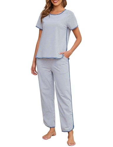 Womens Pajama Sets Cotton 2 Piece Lounge Set Stripe Short Sleeve Pj Set Comfy Loungewear Sleepwea... | Amazon (US)
