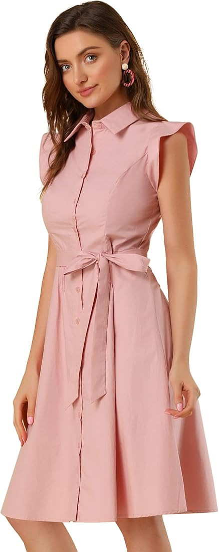Allegra K Women's Work Office Shirt Dress Ruffled Sleeve Belted Cotton Button Down Midi Dress | Amazon (US)