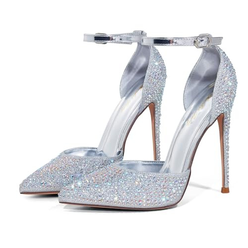 Elisabet Tang High Heels, Women Pumps D'Orsay Ankle Strap Pointed Toe Stiletto Heels Rhinestone Party Wedding Shoes Silver Rhinestone Size11 | Amazon (US)
