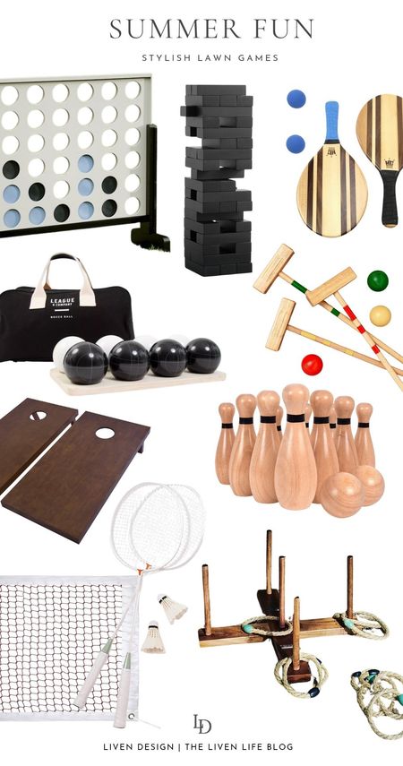 Outdoor yard games. Lawn game. Backyard game. Wood outdoor games. Summer fun. Patio game. Stylish games. Bbq. Entertaining. Bocce ball set. Paddle ball. Croquet. Shuffleboard. Badminton. Bowling set. Ring toss. Corn hole. 

#LTKHome #LTKSeasonal #LTKFamily